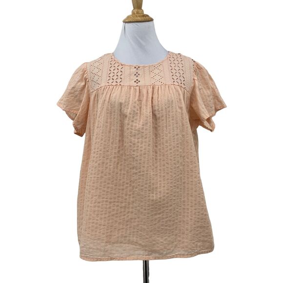 Ella Moss Brianne Eyelet Blouse Women M Medium Pink Flutter Sleeves Keyhole Back - Picture 1 of 13